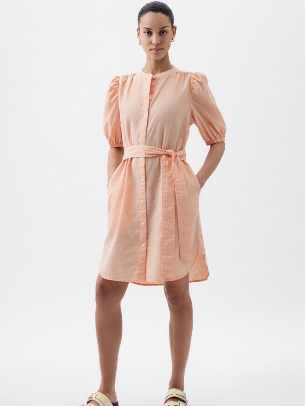 NWT Gap Linen-Cotton Blend Mini Shirtdress Peach Orange Puff Sleeve Size XXL